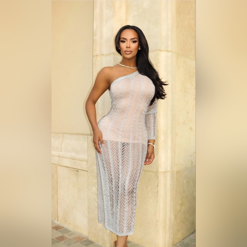 Fashion Nova One-Shoulder Crochet Dress in Cream